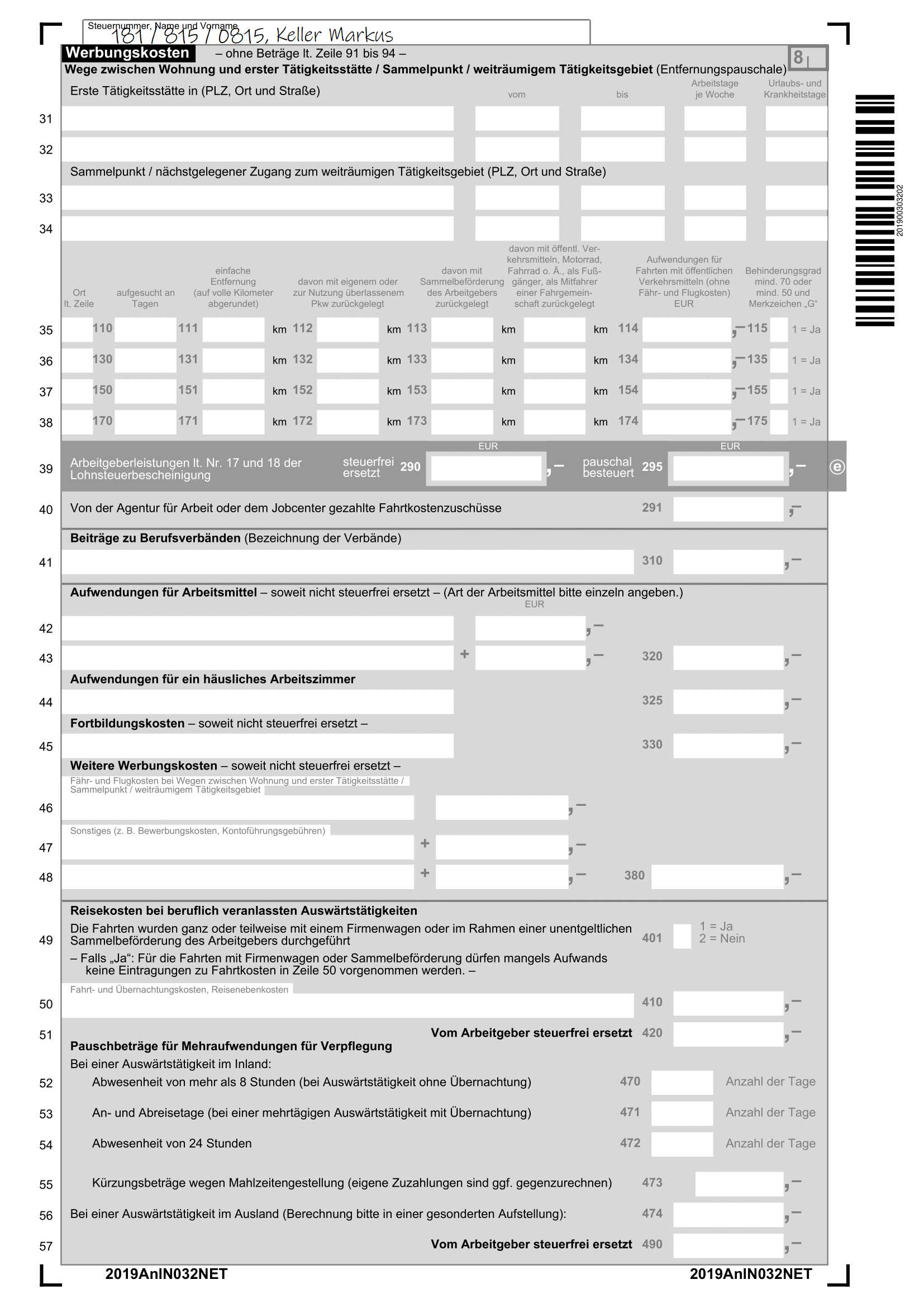 Zweite Seite der Einkommenssteuererklärung 2019