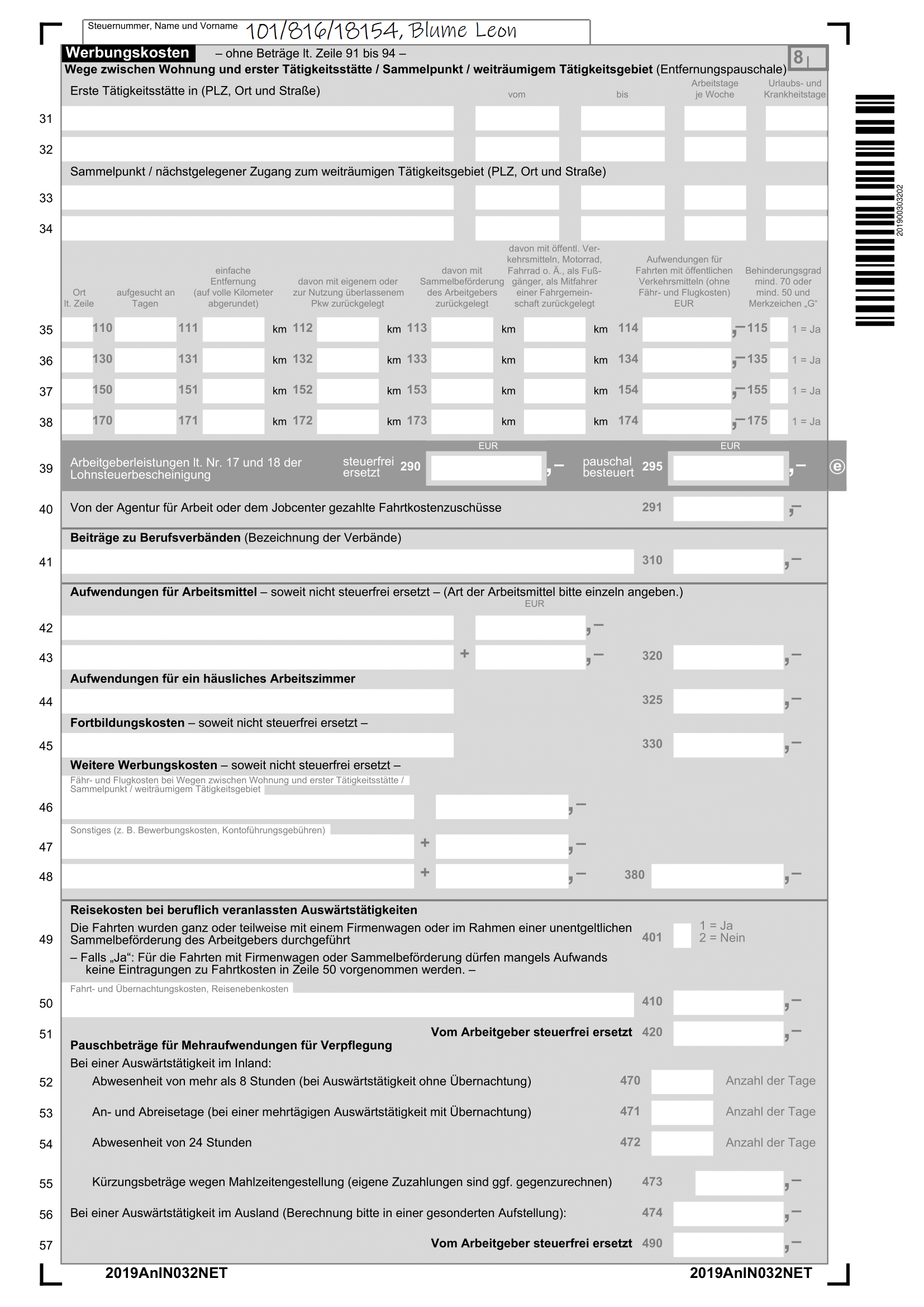 Zweite Seite der Einkommenssteuererklärung 2019