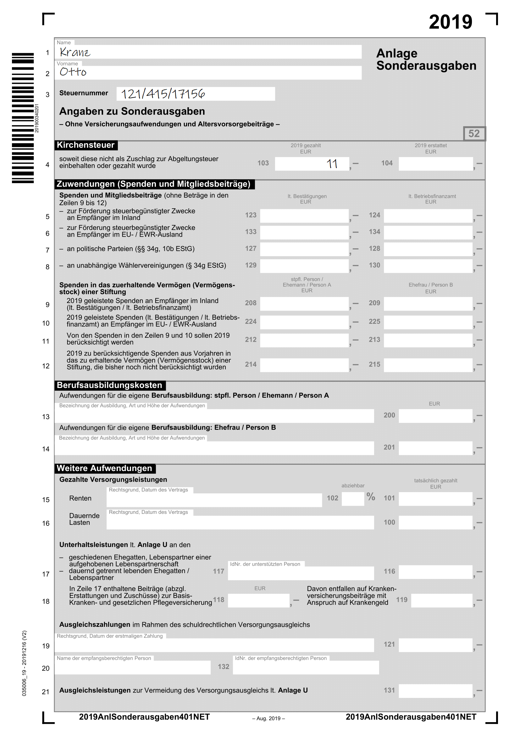 Student Sonderausgaben Beispiel