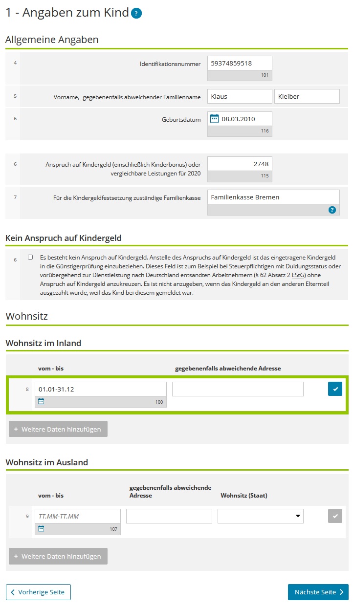 Anlage Kind ausgefüllt