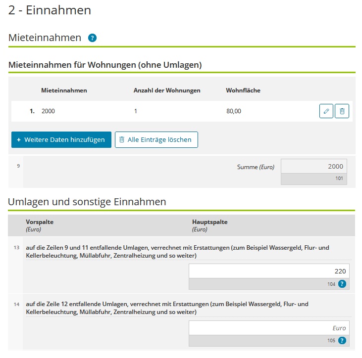 Angeben zu Mieteinnahmen bei Elster