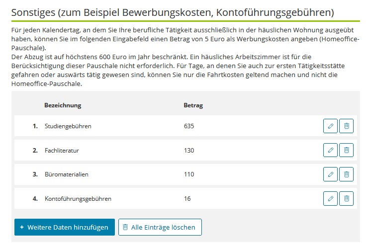 Weitere Werbungskosten bei Verlustvortrag