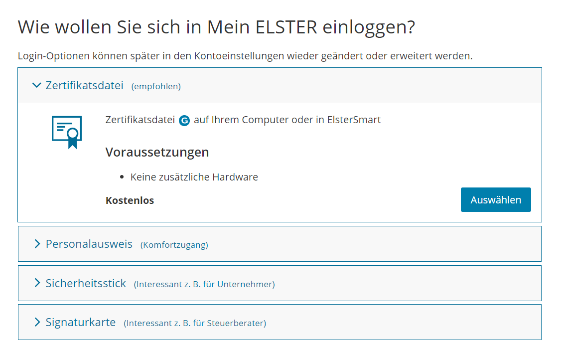 Registrierung bei Elster Online
