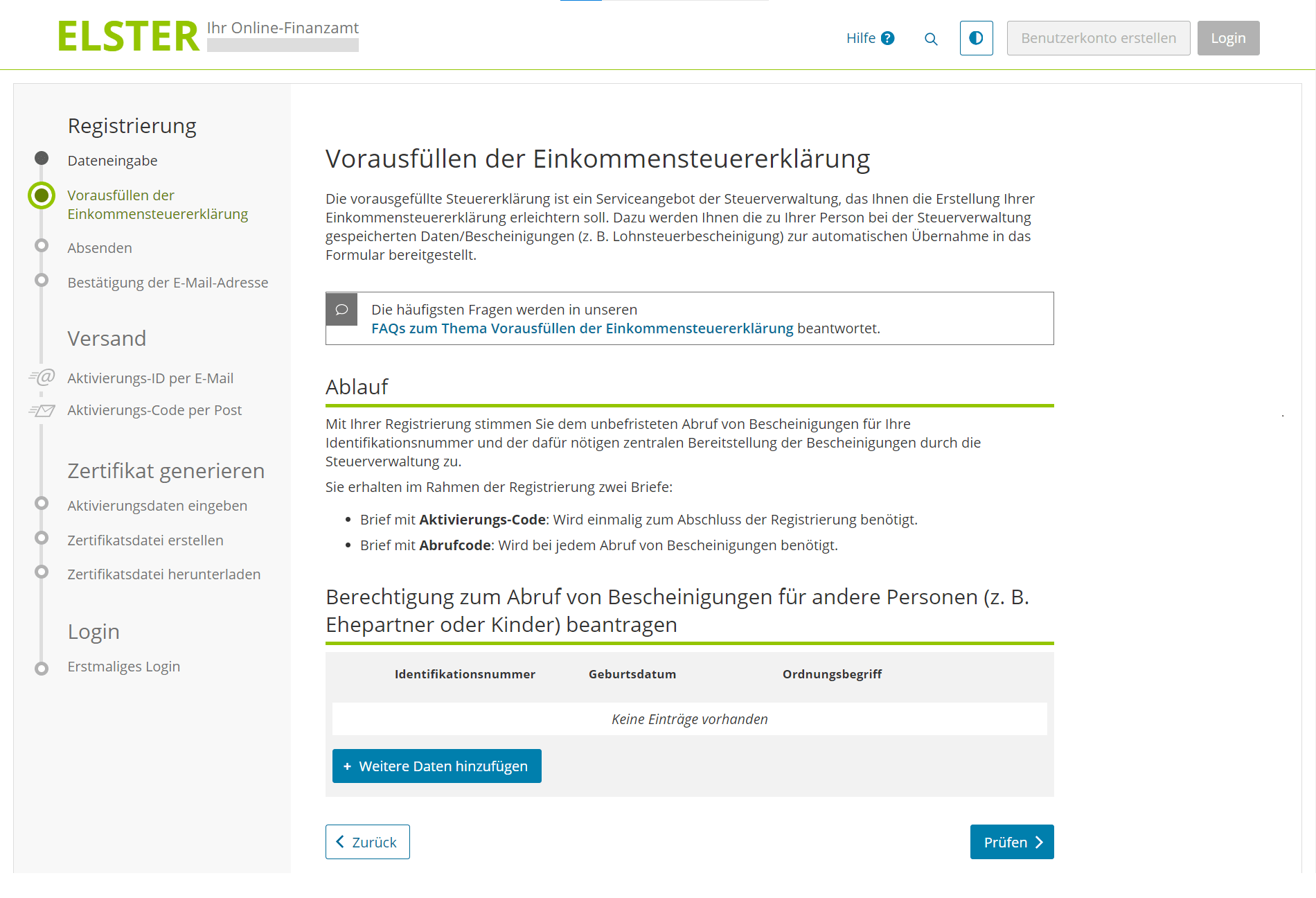 Registrierung bei Elster Online