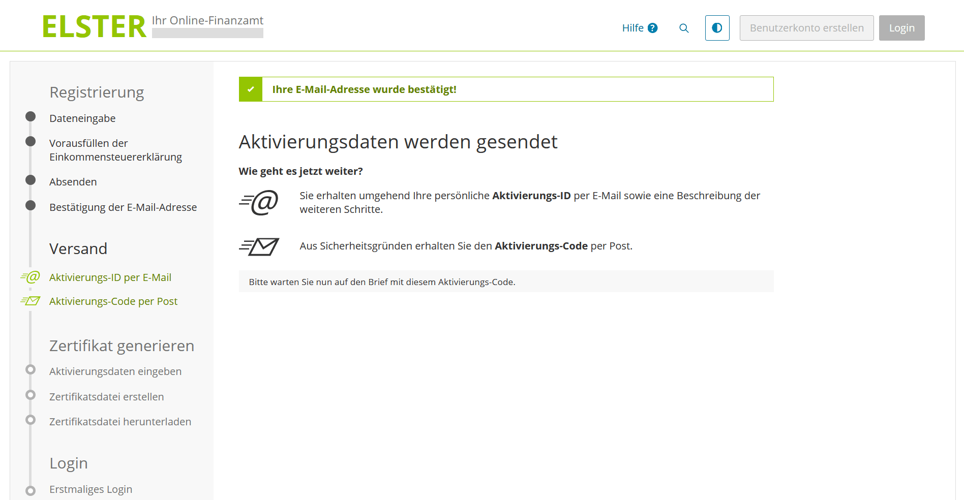 Registrierung bei Elster Online