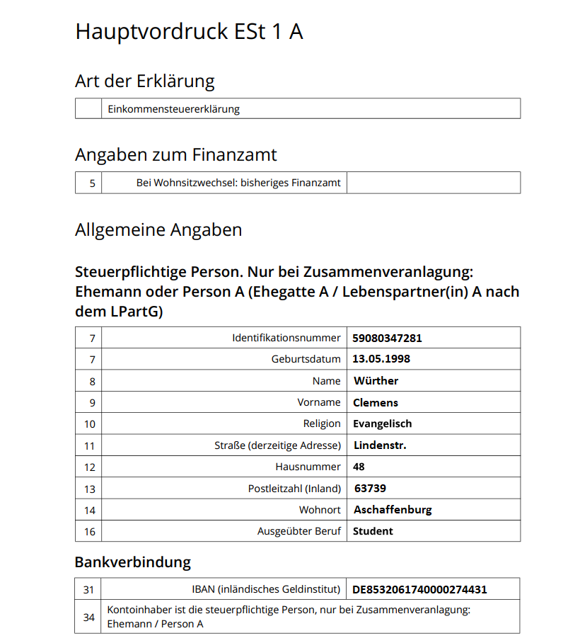 Hauptvordruck der Steuererklärung