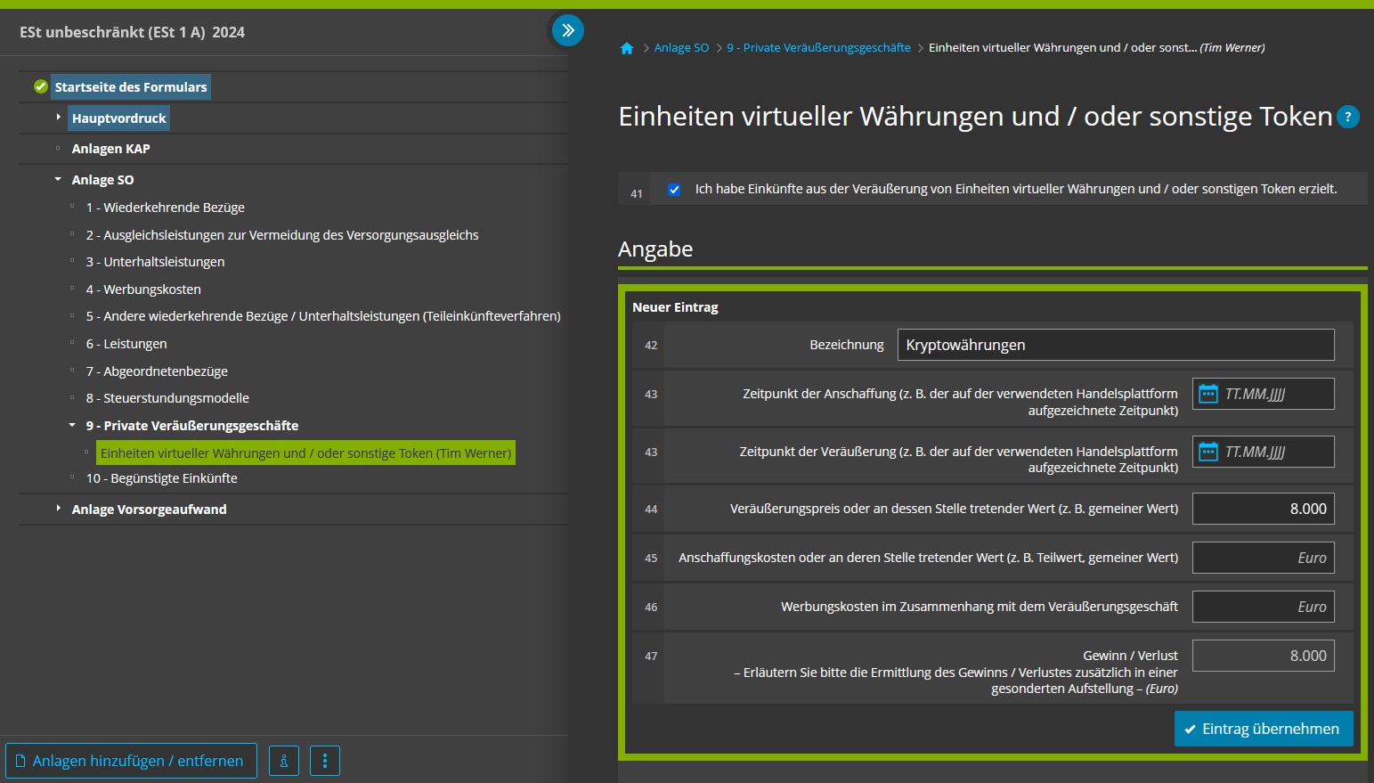 Kryptogewinne in Elster angeben